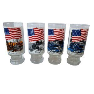 Set Of 4 Vintage American Flag Patriotic Collector Glasses With Historic Scenes